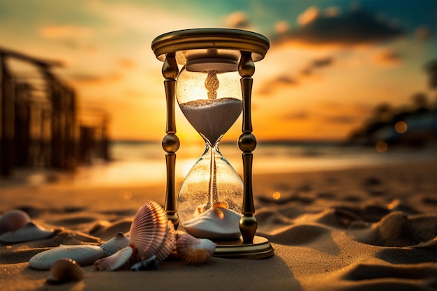 Sand läuft durch die Glühbirnen einer Sanduhr am Strand mit Seesternen