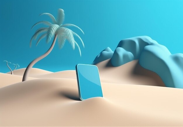 Sand summer mock palm phone creative holiday sea up cyber concept Generative AI