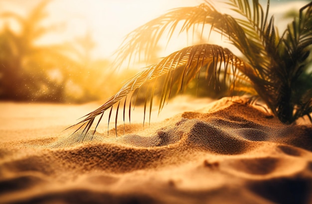 Sand und Palmblätter und sonniger Himmel mit der Sonne im Hintergrund