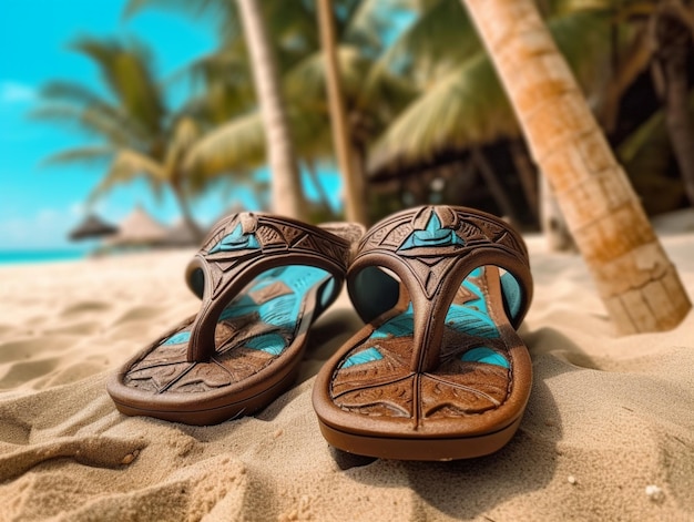 Foto sandalias en la arena de una playa con palmeras en el fondo ai generativo
