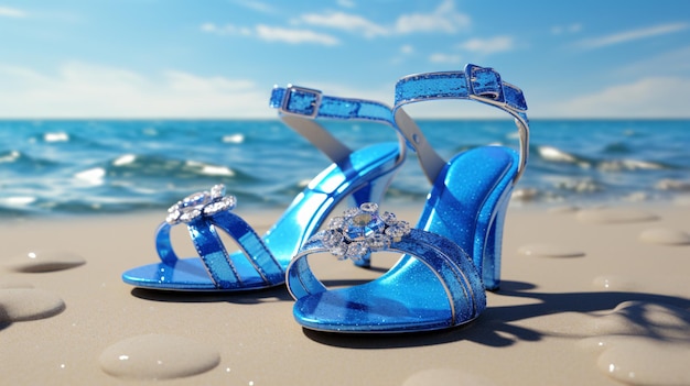 Sandalias azules en la brillante arena de la playa.