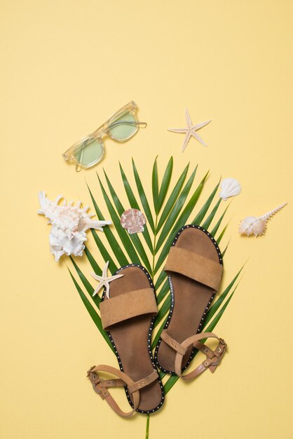 Sandálias de couro tropical folhas de palmeira conchas estrela do mar no fundo branco cenário de verão