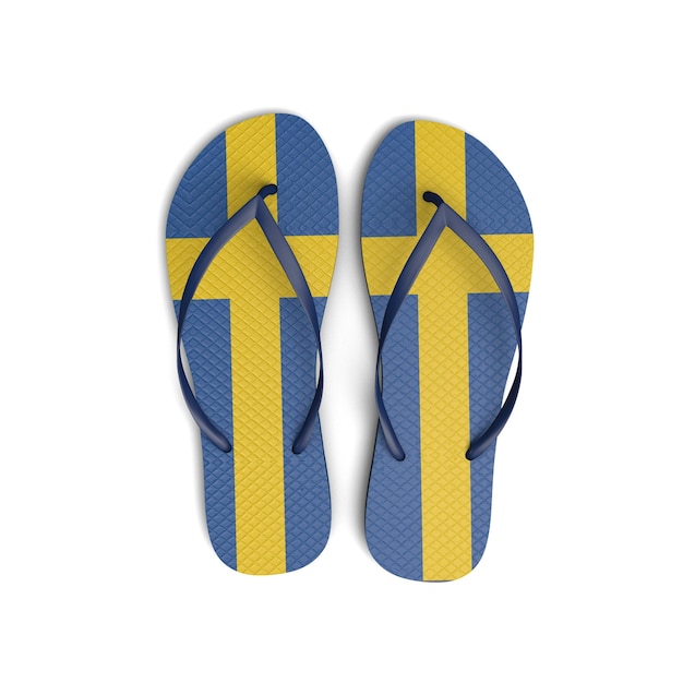 Sandalias flip flop de bandera sueca sobre un fondo blanco 3D Rendering