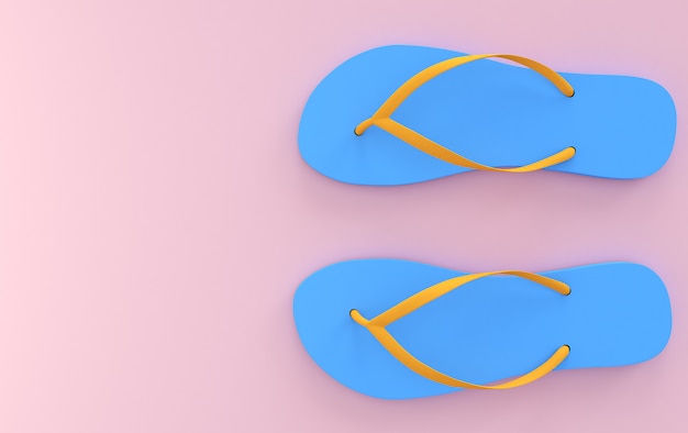 Sandalias de playa azul sobre un fondo rosa, colores pastel, vistas superiores, render 3d