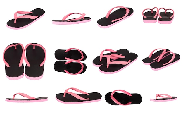 sandalias y zapatillas de color rosa y negro aisladas sobre un fondo blanco