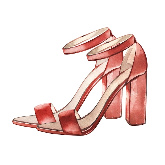 Sandalias de zapatos rojos de moda aisladas sobre fondo blanco Ilustración de dibujo a mano de acuarela Arte para el diseño de moda