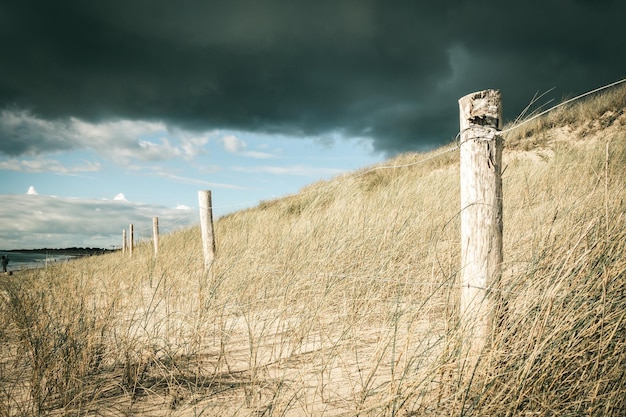 Sanddüne und Zaun an einem Strand, Insel Re, Frankreich. Bewölkter Hintergrund