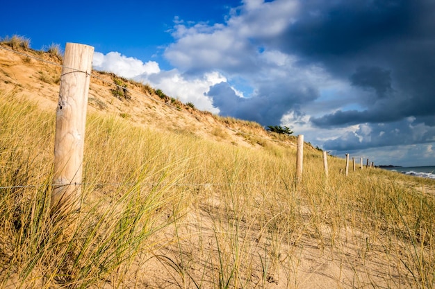 Sanddüne und Zaun an einem Strand Re Island France Bewölkter Hintergrund