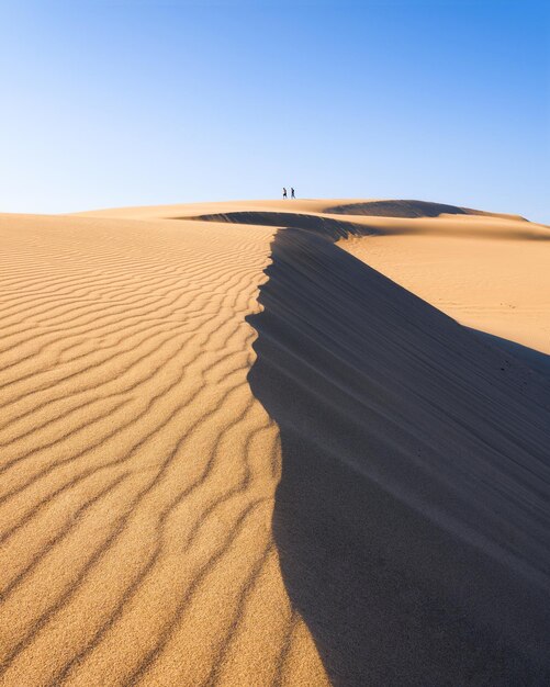 Sanddünen am Abend Sommerlandschaft in der Wüste Heißes Wetter Linien im Sand Silhouette von zwei Menschen, die entlang der Dünen laufen