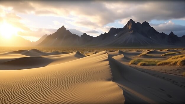 Sanddünen auf den Stokksnes an der südöstlichen isländischen Küste mit dem Vestrahorn Batman Mountain