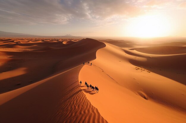 Sanddünen in der Wüste mit Kamelen bei Sonnenuntergang
