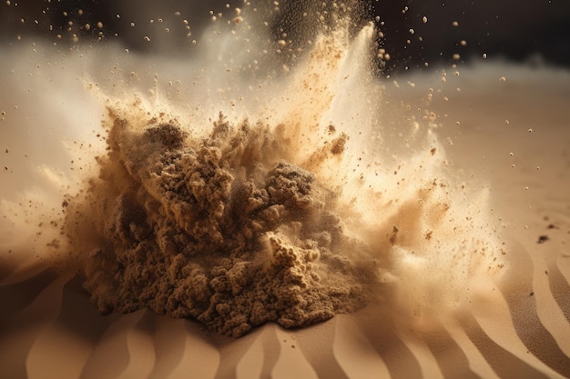 Sandexplosion in extremer Nahaufnahme mit sichtbaren einzelnen Partikeln