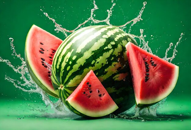 una sandía con agua salpicando en el agua con un salpicamiento de agua salpicado