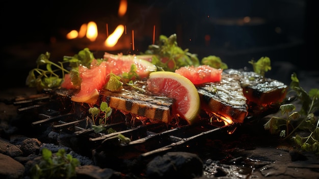 La sandía en una brocheta se fríe al fuego.