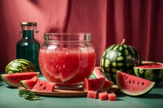 Sandía cortada en rodajas y frasco con jugo de sandía