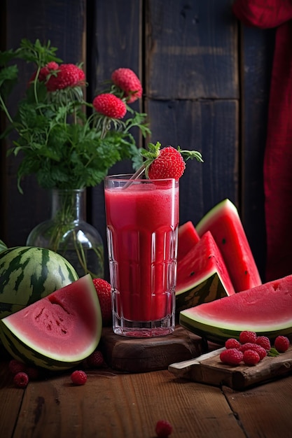 Sandía cortada en rodajas con un vaso de jugo IA generativa