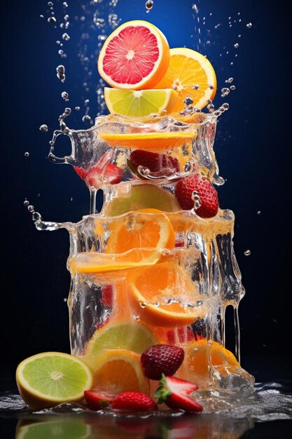 Foto una sandía con frutas y salpicaduras de agua