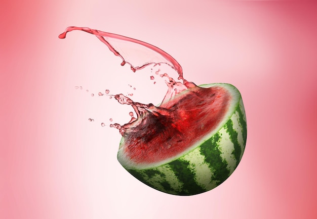 Sandía con jugo de salpicaduras sobre fondo degradado rojo