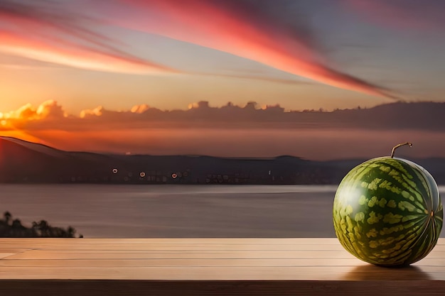 Una sandía sobre una mesa con un atardecer de fondo