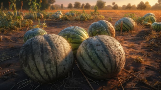 Sandías en un campo con la puesta de sol