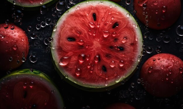 Sandías con gotas de agua sobre un fondo oscuro IA generativa