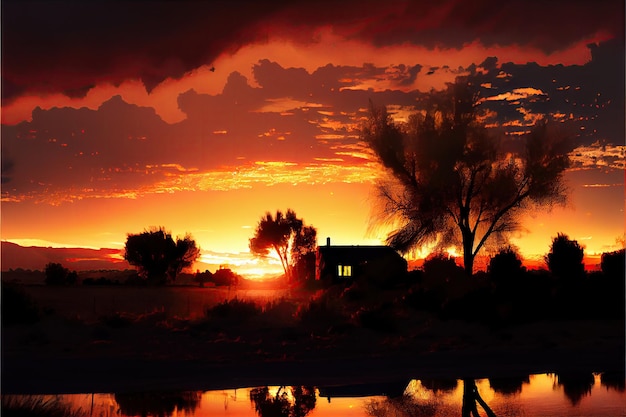Sandige Wüstenlandschaft Tragische mexikanische Sonnenuntergangs-Kaktus-Silhouetten auf rotem Hintergrund Generative Ai-Illustration