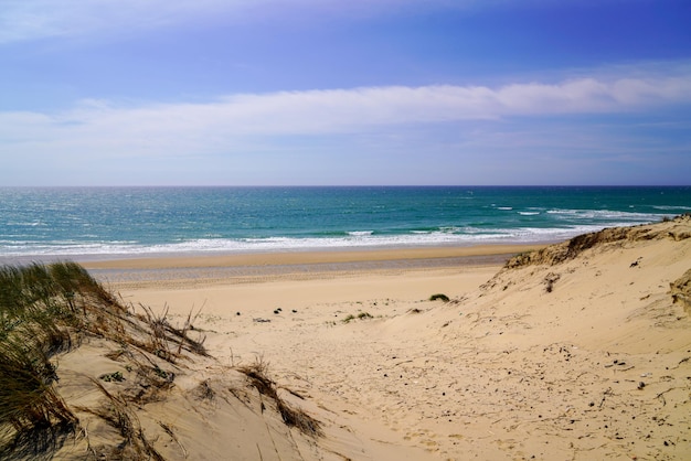 Sandiger Meeresstrand in den Dünen von Le Porge in der Nähe von Lacanau in Frankreich