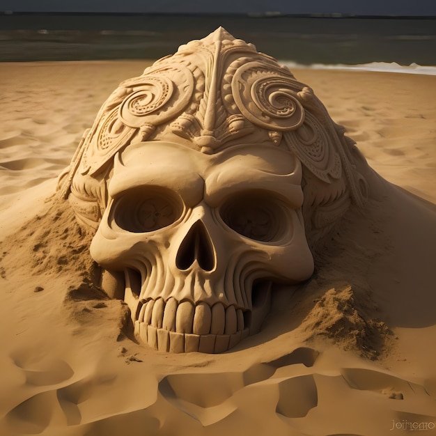 Foto sandkünstler sandkunst mit einem totenkopf