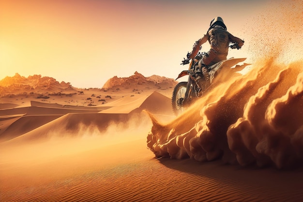 Foto sandlandschaft motorrad oder mann auf moto cross im wüstenraum für sporttraining bei sonnenuntergang oder übung auf hügeln ai generation