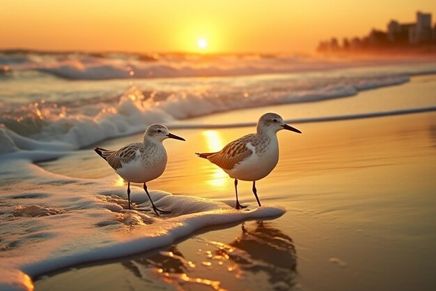 Sandpipers entrando e saindo das ondas