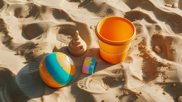 Sandschloss und Strandball, isoliert auf einem Sandhintergrund