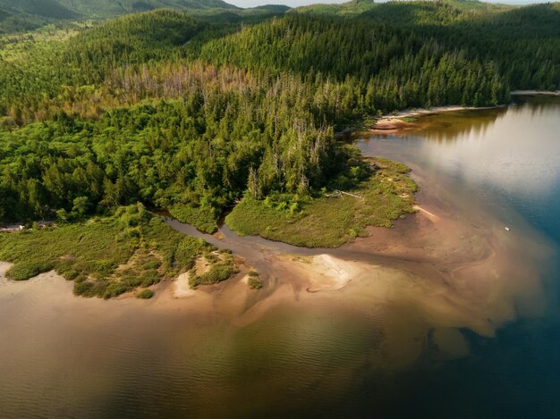 Sandstrand auf dem See mit kanadischem Naturhintergrund der grünen Bäume