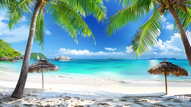 Sandstrand, Liegestühle, Palmen, Meer und Regenschirme für eine bequeme Erholung am Meer