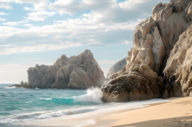 Sandstrand mit Felsformationen im Hintergrund