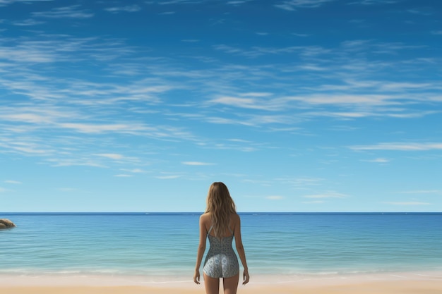 Sandstrand mit Frau und blauem Meer als Hintergrund