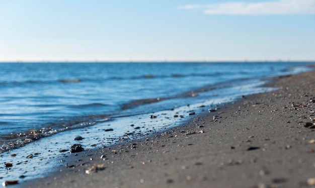 Sandstrand mit kleinen Muscheln vor dem Hintergrund von transparentem Meerwasser