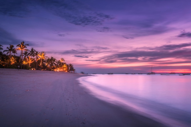 Sandstrand mit Palmen bei farbenprächtigem Sonnenuntergang im Sommer Tropische Landschaft mit Meeresufer, verschwommenes Wasser, Palmen, Boote und Yachten im Ozean, violetter Himmel mit Wolken in der Nacht. Reisen Sie im exotischen Afrika