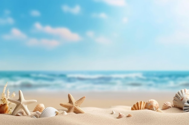 Sandstrand mit Sammlungen von Muscheln und Seesternen als natürlicher strukturierter Hintergrund für Sommerreisedesign. Generative KI-Illustration