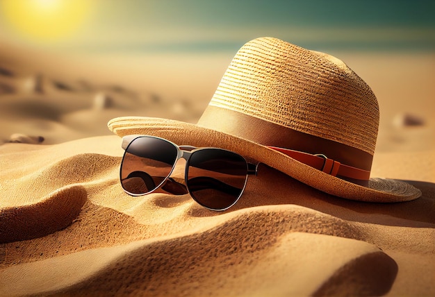 Sandstrand mit Sommeraccessoires und Sonnenbrillen