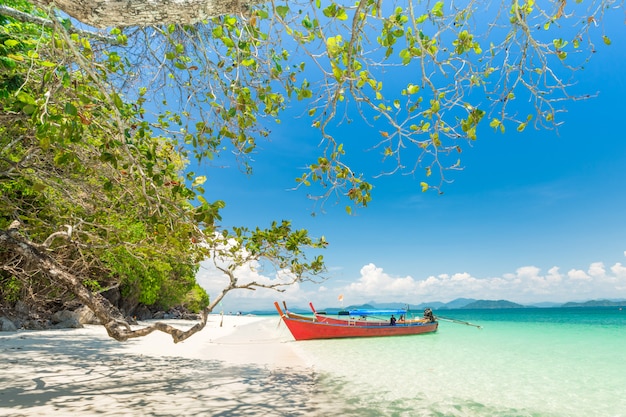 Sandstrand und Long-Tail-Boot in Khang Khao Island (Bat Island), der schönen See Ranong Province, Thailand.