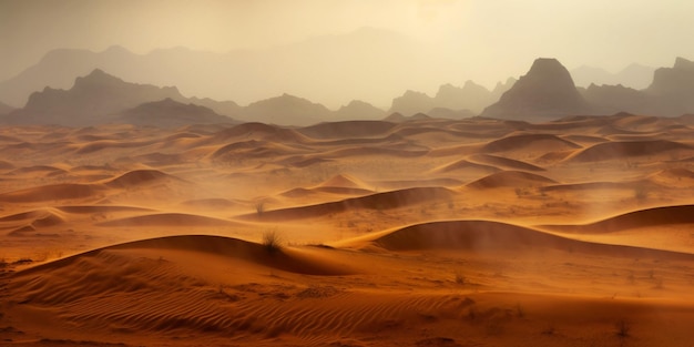 Sandsturm in Wüstenwind und orangefarbene Sandwolken Dünenlandschaft Generative KI