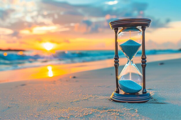 Foto sanduhr am sandy beach bei sonnenuntergang mit ki generiert