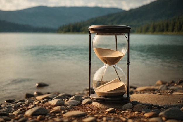 Foto sanduhr am ufer des sees mit verschwommener landschaft ai generativ