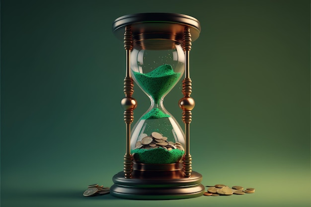 Sanduhr mit Münzen auf grünem Hintergrund. Investitionszeitkonzept. Generative KI