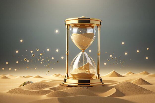 Sanduhr-Vintage-Uhr mit transparentem Glas und Goldpartikeln. Banner des Laufzeitladekonzepts mit Sanduhr und Kopierraum. 3D-Renderdarstellung. 3D-Illustration