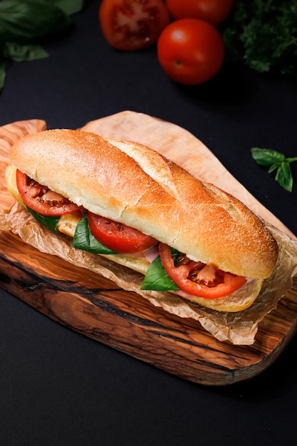 Foto sanduíche baguette de estilo italiano com presunto de tomate, manjericão e queijo em fundo preto