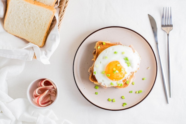 Sanduíche caseiro croque madame em um prato sobre uma mesa de luz Vista superior