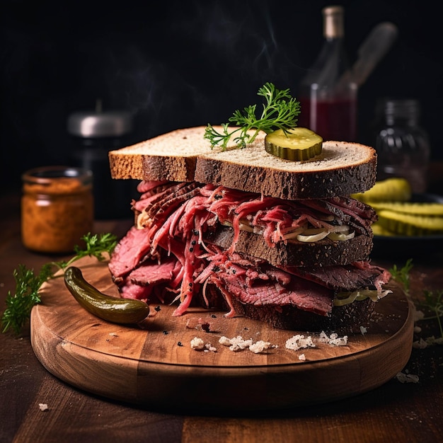 Sanduíche com carne assada e pepino em conserva em tábua de madeira