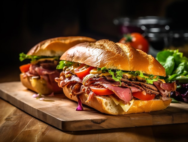 Sanduíche com carne e legumes em uma tábua de corte de madeira