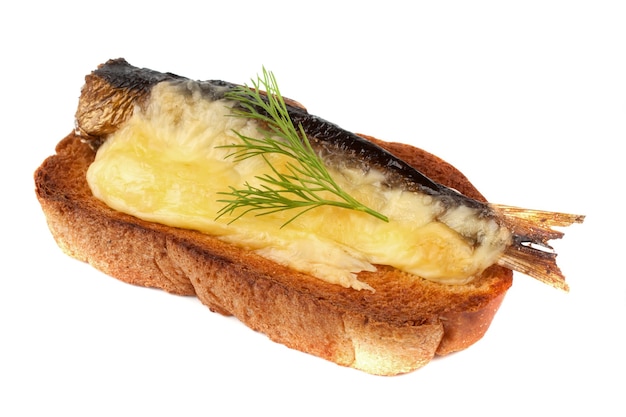 Sanduíche com espadilha e queijo grelhado. em um fundo branco